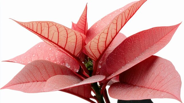 Close-up of a poinsettia plant with red leaves and water droplets against a white background. The plant is in focus, highlighting the intricate details of the l