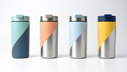 Four colorful travel mugs with diagonal designs on neutral background