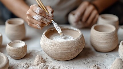 Close-up of a potter's hands painting a ceramic bowl with white paint in a workshop setting. Several other bowls are visible.
