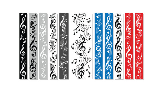 Collection of decorative vertical music borders and dividers with flowing musical notes, staves, and treble clefs in various colors.