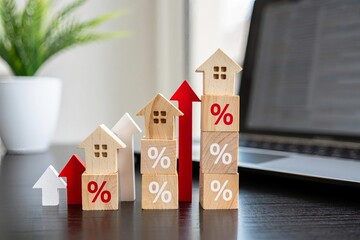 Residential property investment concept featuring a 3D house architecture illustration with a sale sign