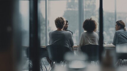 Fototapeta premium Group of friends engaging in conversation at a modern cafe during a sunny afternoon