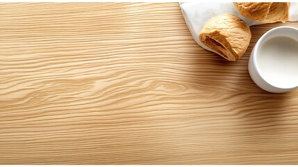 Freshly baked bread rolls and a comforting cup of milk on a natural light wooden table breakfast