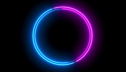 Two concentric circles glow with vibrant, neon light against a stark black background. The outer ring is a gradient of blue and pink