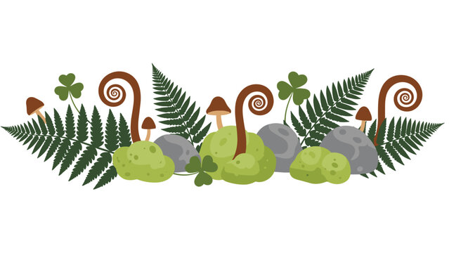 Forest floor border decoration with green fern leaves, mossy stones, mushrooms, and lucky clover, isolated on a white background.
