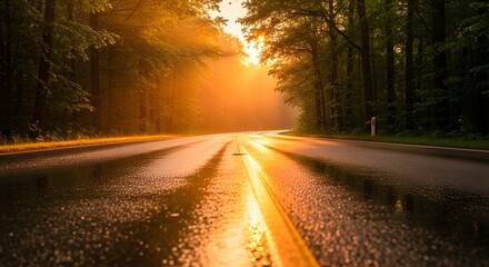 Fototapeta premium Golden hour sun illuminates a wet forest road, creating stunning reflections and a tranquil, serene atmosphere as the day begins or ends