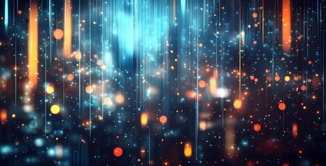 Abstract digital rain of glowing blue and orange light streaks and bokeh particles creating a futuristic and technological atmosphere of data flow
