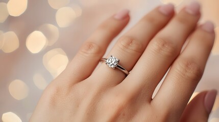 Elegant close-up of female hand wearing solitaire diamond engagement ring with soft bokeh background, showcasing luxury jewelry and romantic style details