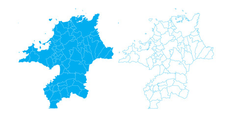 Clean blue outline and filled vector map of Fukuoka Prefecture Japan with sub-districts