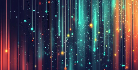 Abstract digital rain of glowing particles and vertical light streaks in vibrant neon colors representing data flow and technology
