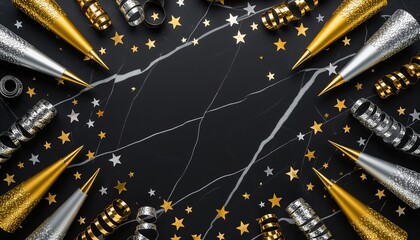 Luxurious celebratory frame of gold and silver confetti and party horns on a black backdrop