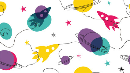 Whimsical and seamless outer space pattern for kids with colorful rockets, planets, and stars on a clean white background.