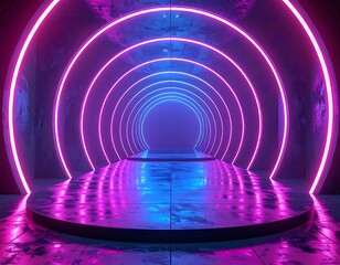 Futuristic tunnel with neon lights, stage, and reflective floor