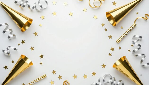Top view of a festive celebration frame with golden party horns, silver streamers, and confetti - Powered by Adobe