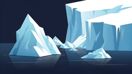 Captivating illustration of a serene arctic seascape featuring magnificent icebergs gracefully floating in the dark, mysterious ocean waters