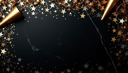 An elegant festive banner with gold confetti stars and party horns on a dark textured surface