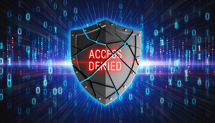 Glowing red shield icon with "SECURITY" text over digital matrix and binary rain. Cybersecurity concept.