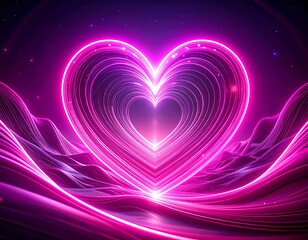 Glowing neon heart surrounded by radiant, abstract waves
