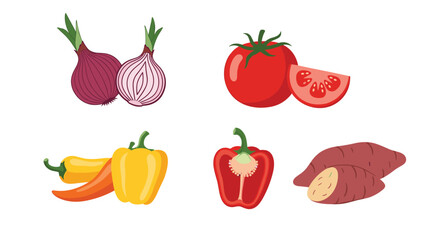 A vibrant collection of fresh produce including red onions, ripe tomatoes, colorful bell peppers, spicy chilies, and sweet potatoes, perfect for healthy cooking.