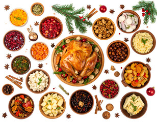 A festive holiday meal featuring a roasted surrounded by an assortment of colorful side dishes and garnishes