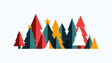 Colorful abstract Christmas trees of various shapes and sizes, some topped with stars, arranged against a white background.