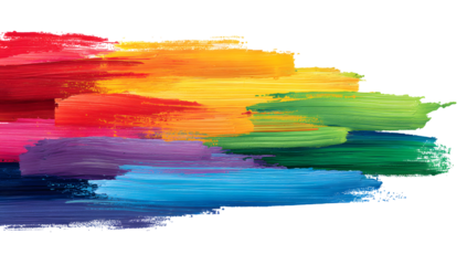 Vibrant spectrum of broad paint strokes in various bright colors creating an artistic abstract pattern isolated on transparent background