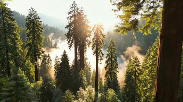 Sunlight filtering through ancient redwood forest canopy.