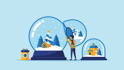 Fototapeta premium Conceptual flat illustration of a person opening a large snow globe, symbolizing creating or exploring winter magic and memories.