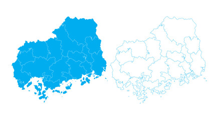 Clean blue outline and filled vector map of Hiroshima Prefecture Japan with sub-districts