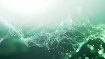 Abstract glowing green network of interconnected lines and nodes creating a futuristic digital web with soft light and bokeh effects