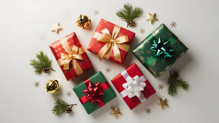 Festive christmas presents with bows and decorations on white background