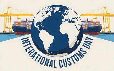 International customs day globe with ships and cranes at port
