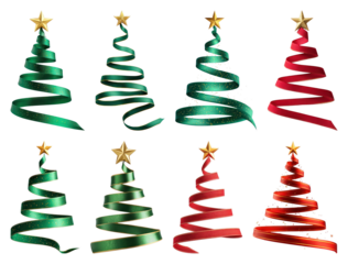 PNG Festive ribbon Christmas trees, element set on transparent background