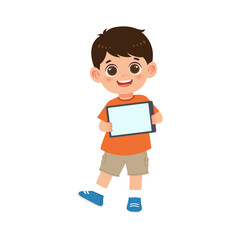 boy smiling while showing tablet screen for digital presentation in classroom