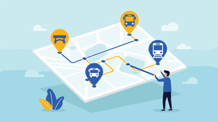 Planning a journey using public transportation with a man pointing to a city map with bus and train route icons.