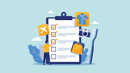 Man checking off items on a large travel checklist, surrounded by icons for luggage, camera, and airplane for vacation planning.