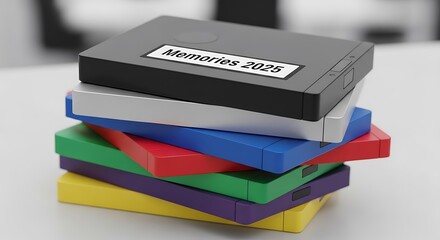 A stack of colorful memory boxes labeled with the year 2025 for storing precious moments