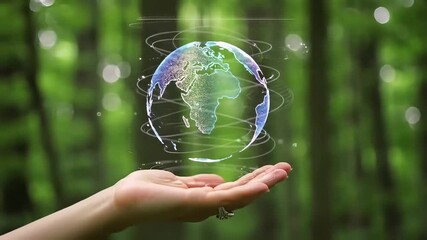Green earth hologram projected from a hand in a forest, symbolizing environmental protection and sustainability initiatives