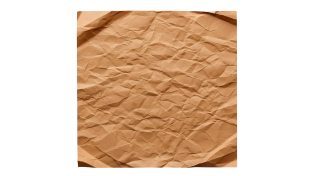 Crumpled brown paper texture with deep creases and shadows isolated on a transparent background