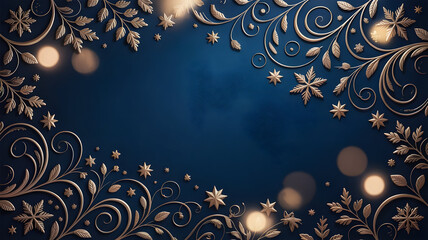 Elegant dark blue and gold floral pattern background with bokeh lights