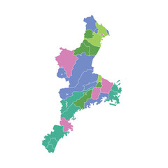 Colorful political vector map of Mie prefecture divided by districts for infographic data