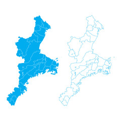 Detailed blue vector map of Mie prefecture divided into municipalities on clean white background