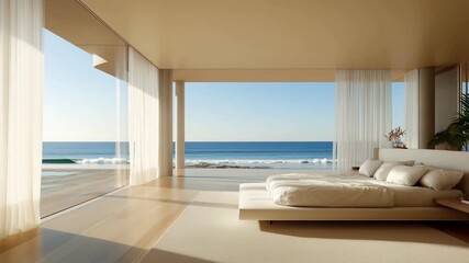 Natural light fills a modern beach house bedroom with open design and ocean views during early morning hours
