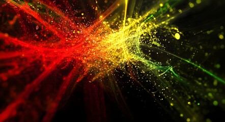 Vibrant abstract explosion of red yellow and green particles and light streaks against a dark background with bokeh effects