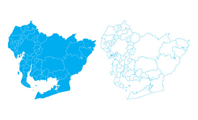 Detailed blue vector map of Aichi prefecture divided into municipalities on clean background