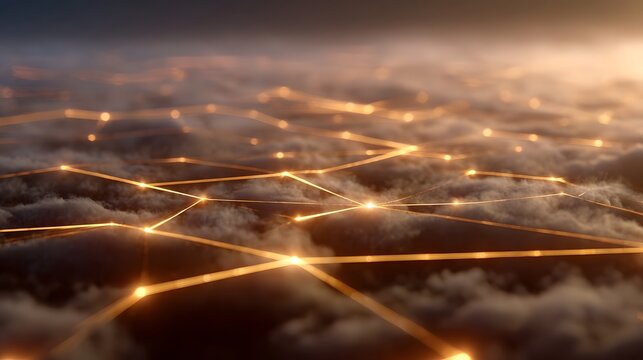 Abstract network of glowing orange lines and nodes superimposed over misty clouds at sunrise