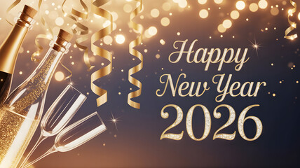 Fototapeta premium Celebrating new year 2026 with champagne and golden confetti