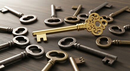 Ornate golden key stands out among antique silver keys on wooden surface