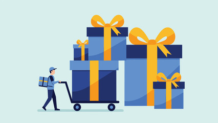 Flat illustration of a delivery person pushing a cart with a large stack of gift boxes, symbolizing holiday shopping and shipping.
