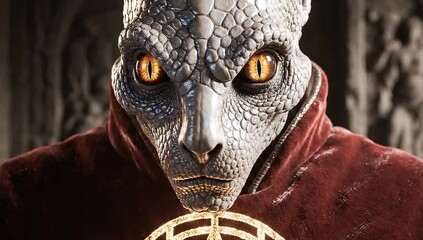 Mysterious reptilian humanoid figure in red robe with glowing symbol, fantasy video
